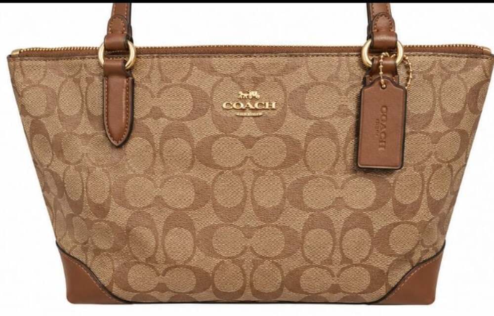 Coach Zip Top Tote in Signature Coated Canvas Khaki Saddle F29208